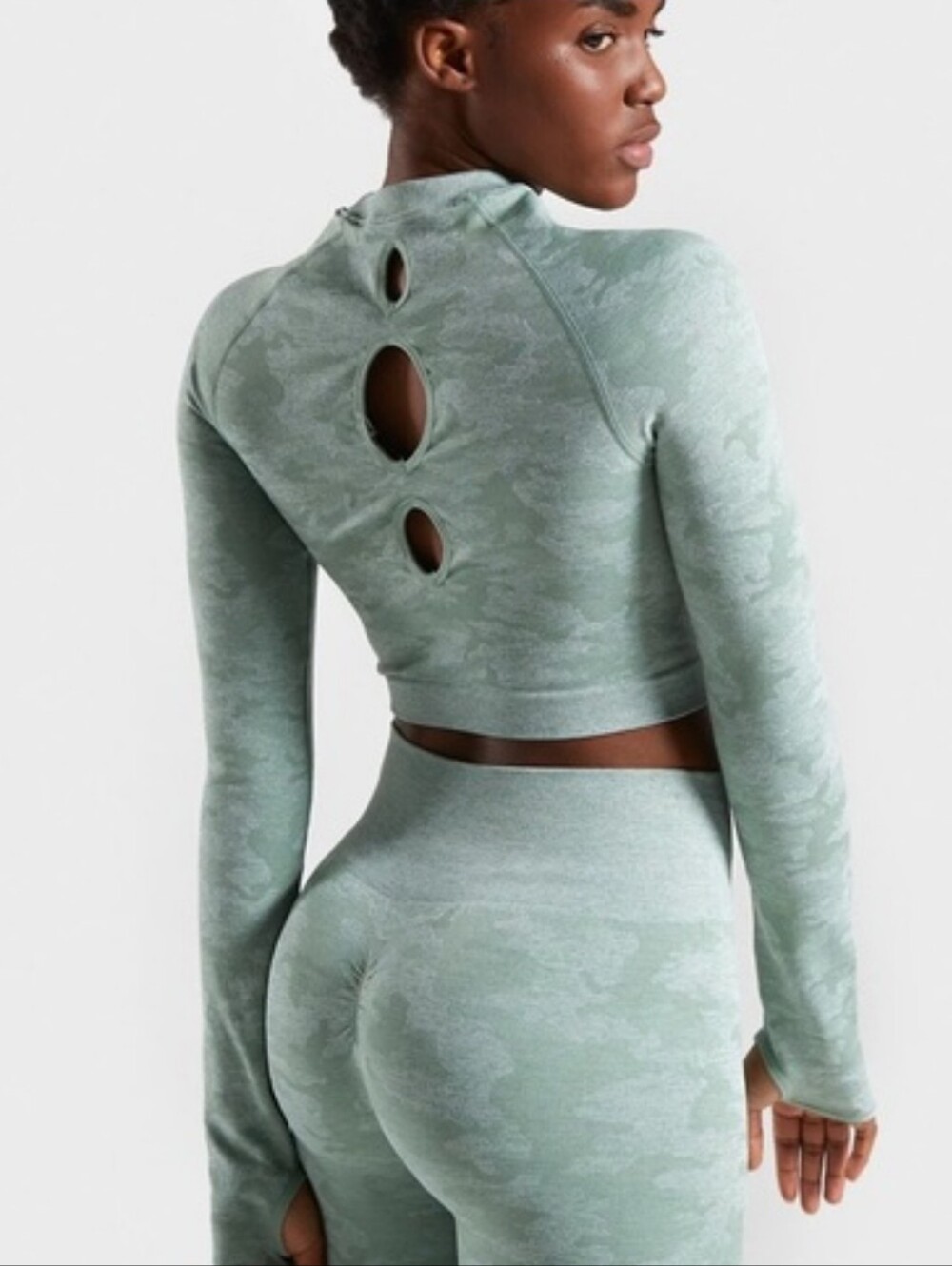 Gymshark Camouflage Cropped Long Sleeve Cut Out Back Top